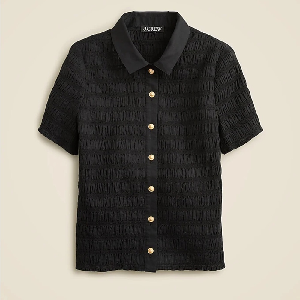 J.Crew Black Smocked Button Up Shirt in Cotton-Blend Voile